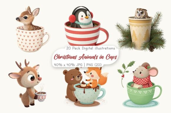 Christmas Animals in Cups: Festive Illustrations