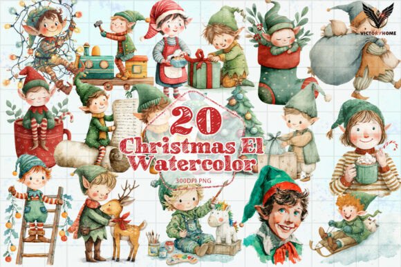 Christmas Elf Watercolor Clipart Set PNG: Illustrations for Crafters