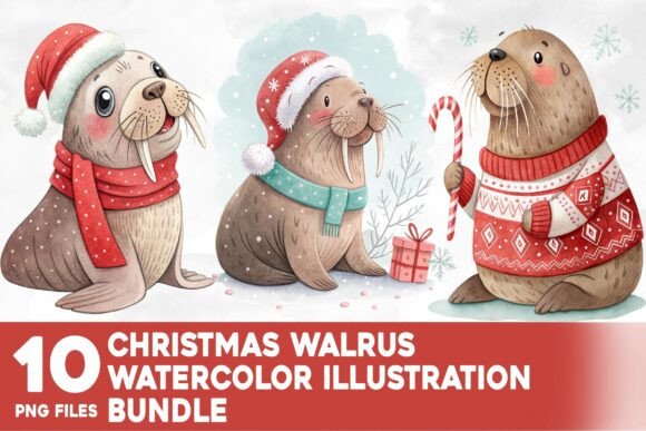 Christmas Walrus Watercolor Bundle: Illustrations Review
