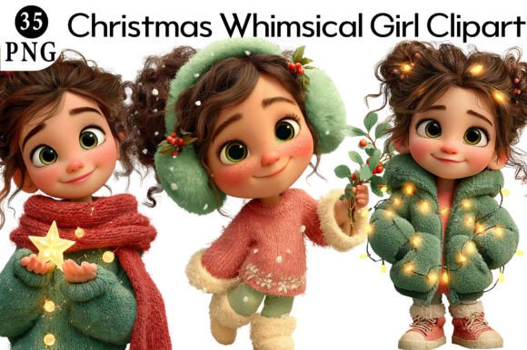 Christmas Whimsical Girl Clipart & Illustrations