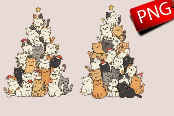Cute Cat Christmas Tree PNG: Festive Illustrations for Crafters