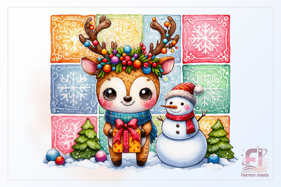 Cute Christmas Deer Snowman Watercolor Illustrations