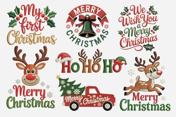 Embroidery Merry Christmas Saying Bundle: Illustrations for Branding
