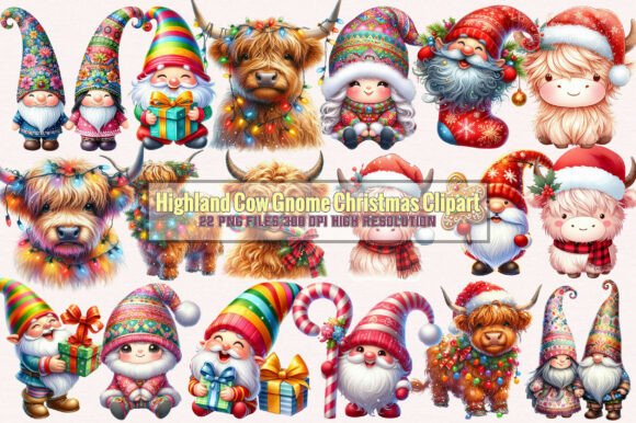 Highland Cow Gnome Christmas Clipart & Illustrations