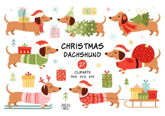 Merry Christmas Dachshund Dog Clipart: Editorial Illustrations